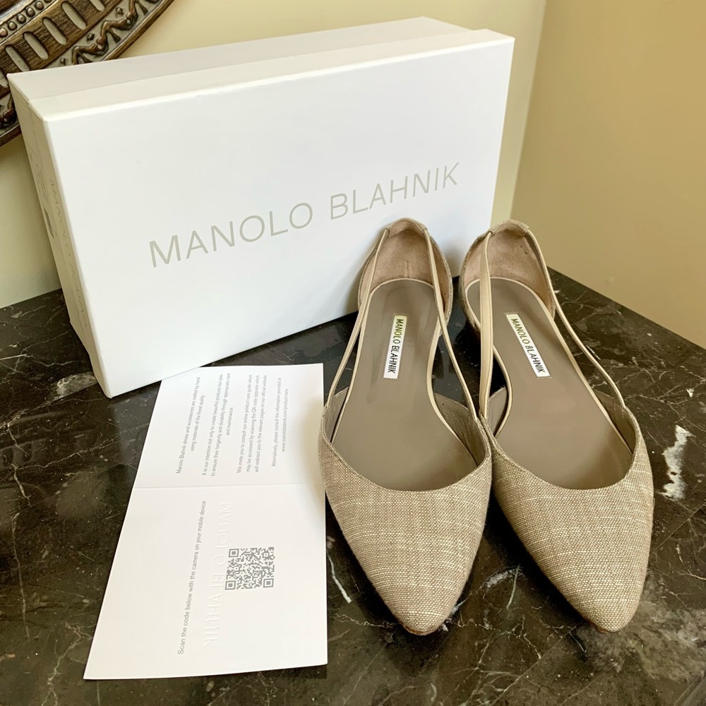 Manolo Blahnik Tan Fabric Soussaba Cutout Flats Sz38/8US